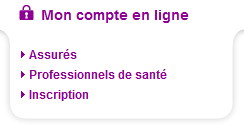 Mon compte en ligne "Assurés", "Professionnels de santé", "Inscription"